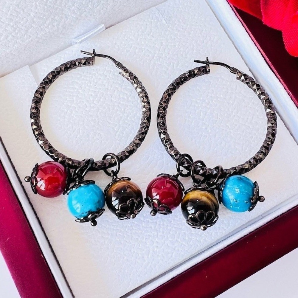 Italy Itaor Black Sterling Silver 925 Hoop Earrings Bead Dangles Tyger's eye ES1